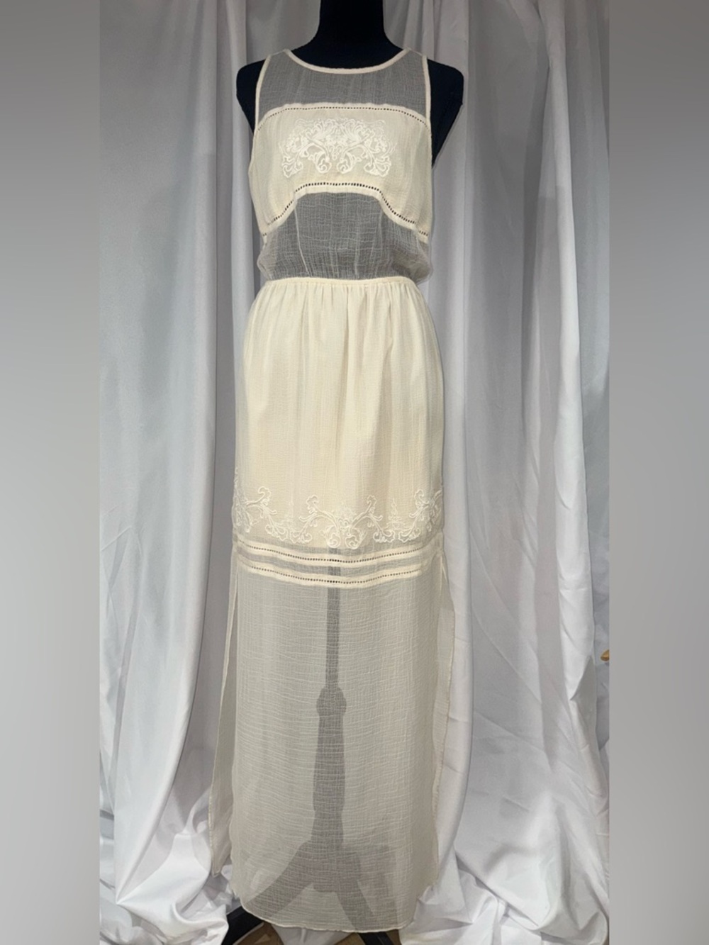 Kimchi Blue Cream Maxi Dress with Sheer Panels and Embroidered Detail